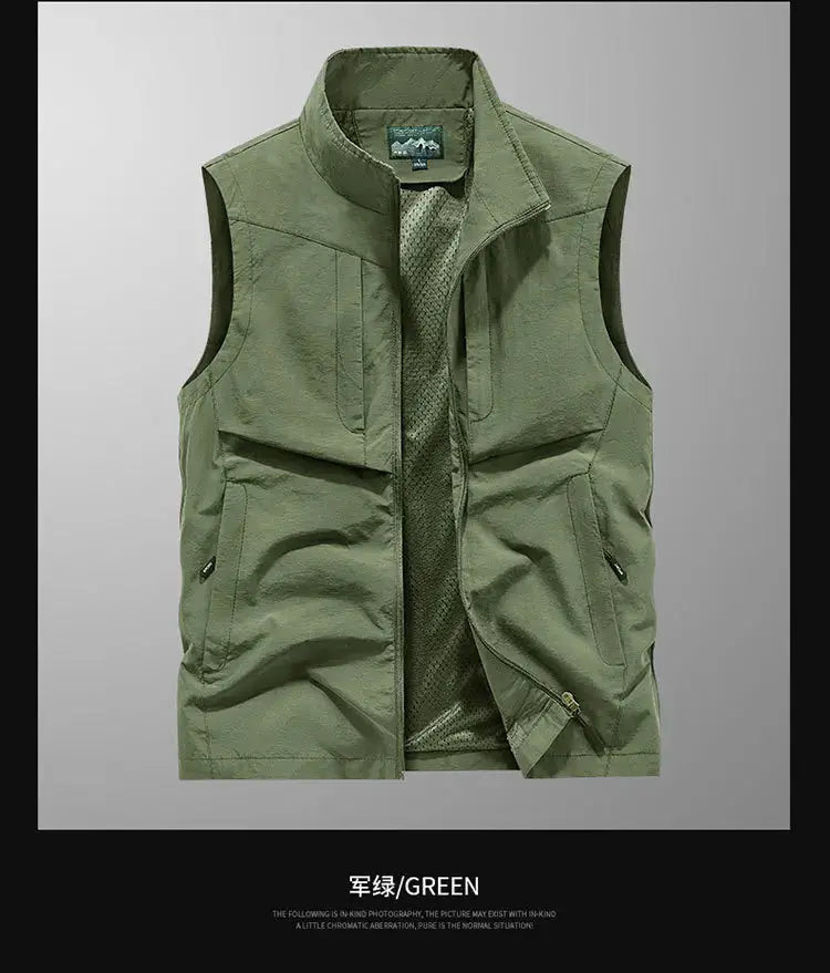Men's green outdoor cargo sleeveless vest with breathable mesh lining and zip pockets