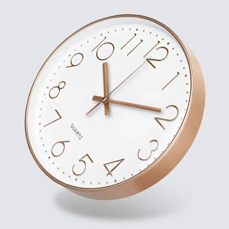 Analog wall clock, rose-gold frame, white dial, gold numerals, quartz movement