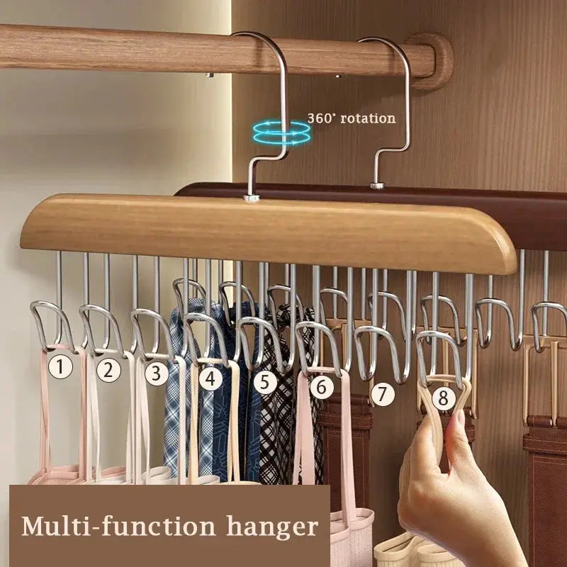 Multi-function belt hanger clothes organizer; wooden wave rack with 360° rotation and 8 clip hangers by Simples Market
