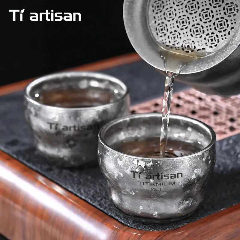 Tiartisan titanium 80ml double-wall gourd teacups; two camping cups for outdoor use