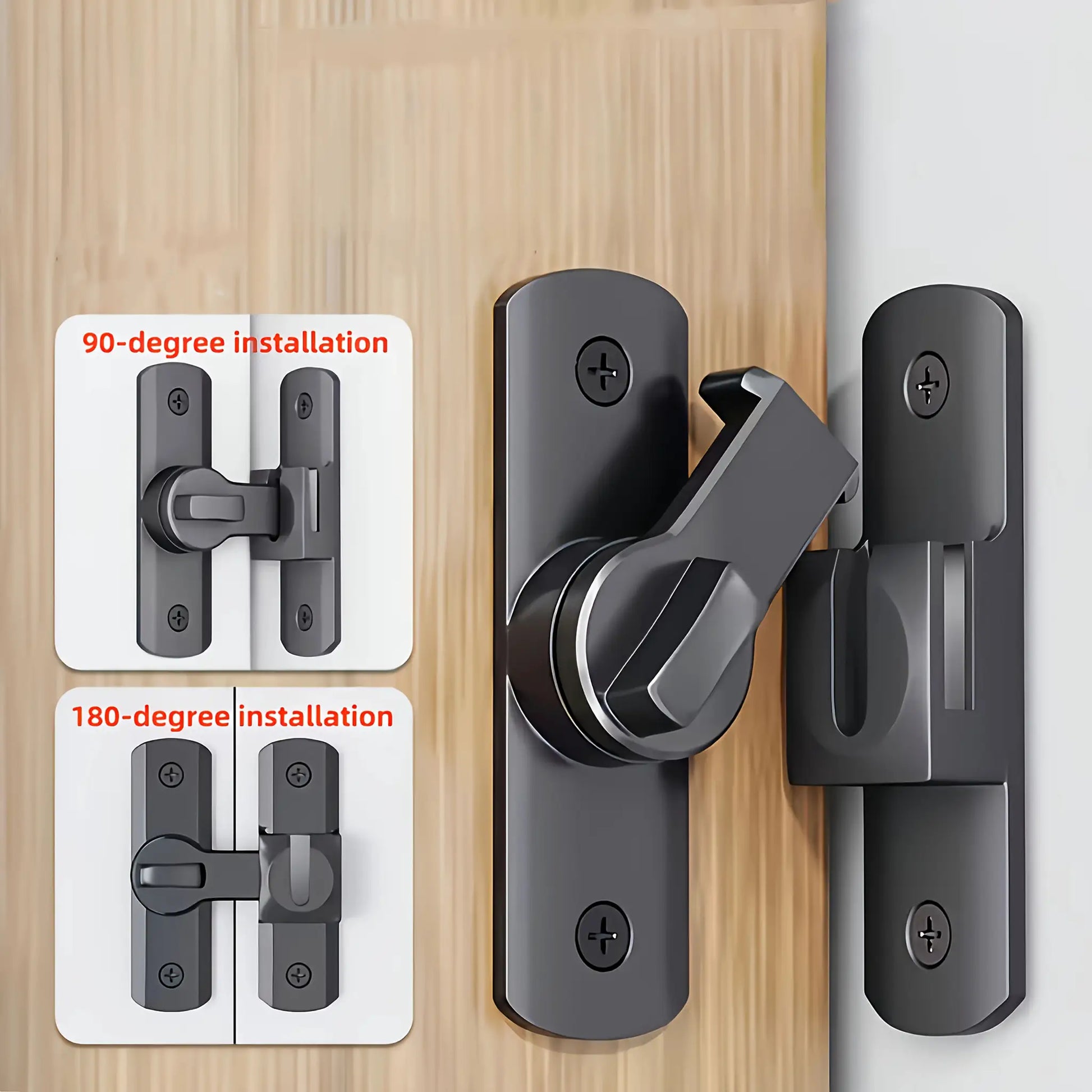 Anti-theft door lock kit, black, with 90°/180° adjustable sliding pin; two-pack display