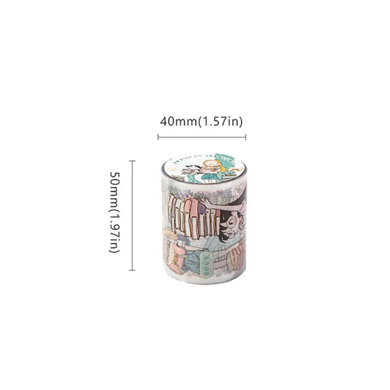 Mr Paper washi tape roll with kawaii character scenery design, pastel shelves motif; 40mm wide, 50mm tall