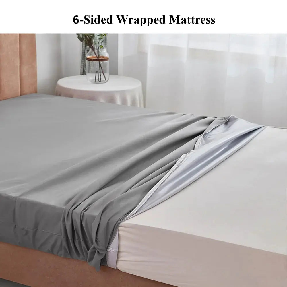 Simples Market 6-Sides fully enclosed waterproof mattress cover with zipper on a gray fitted sheet