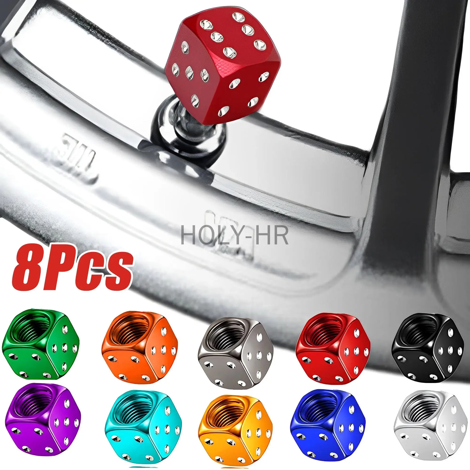 Aluminum dice tire valve cap by Simples Market, red, mounted on a car wheel valve with a row of colorful caps.