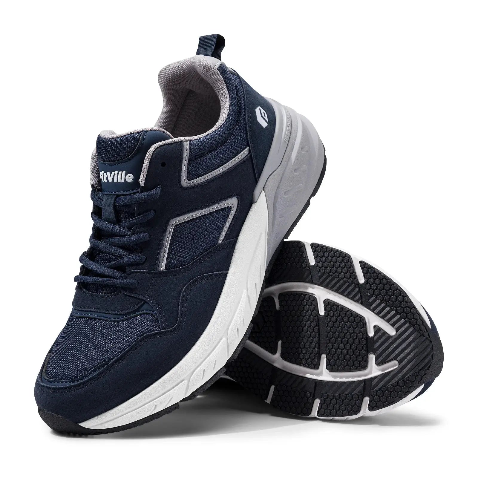 FitVille navy men’s walking sneakers with wide width and arch support for plantar fasciitis relief