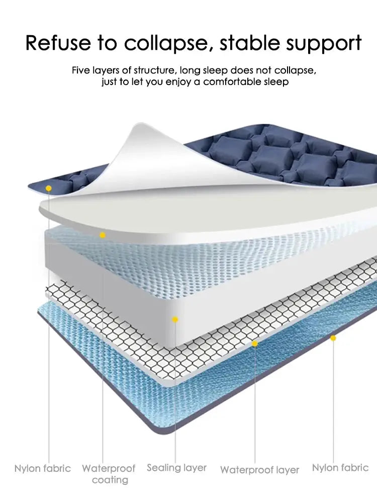 Double air mattress with built-in pump; blue sleeping surface, waterproof, portable camping bed.