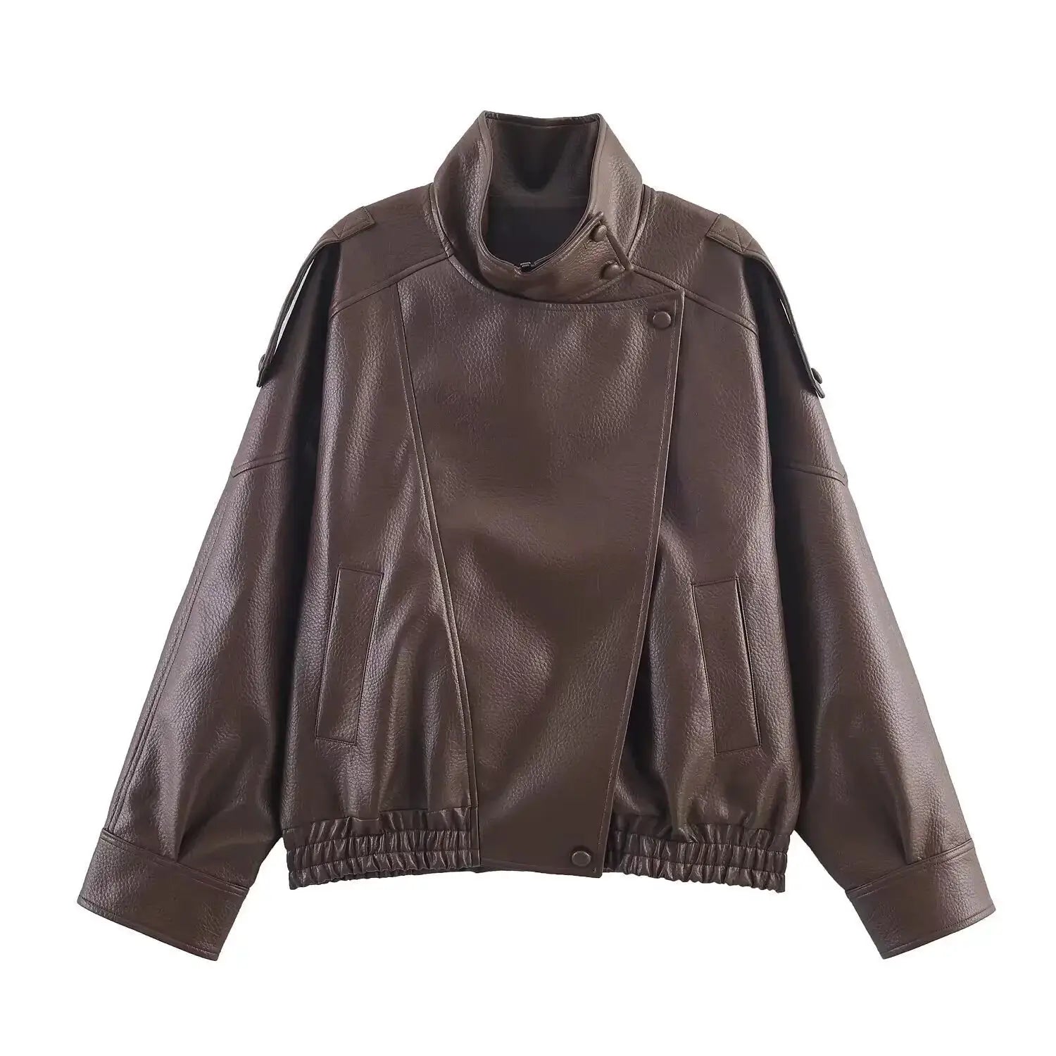 Kondala Womens Black Leather Jacket Casual Chic Oversized Elastic Fit With Button Details For Streetwear 2026