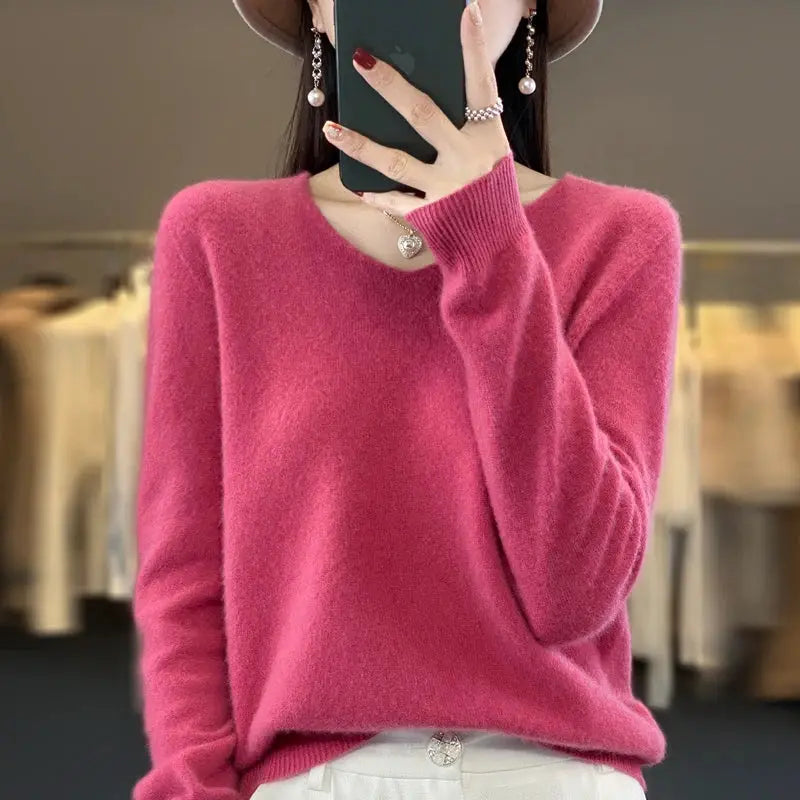 Women's Merino Wool V Neck Pullover Sweater Loose Fit for Autumn and Winter Comfort