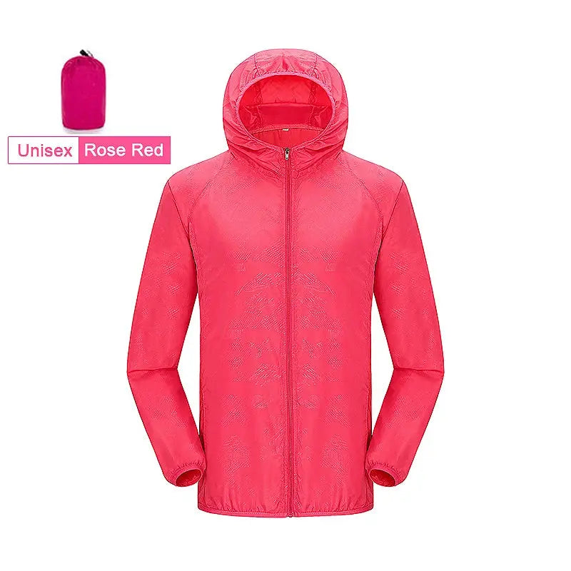 JNLN unisex rose-red waterproof hiking jacket with hood, quick-dry fabric; includes compact carry bag