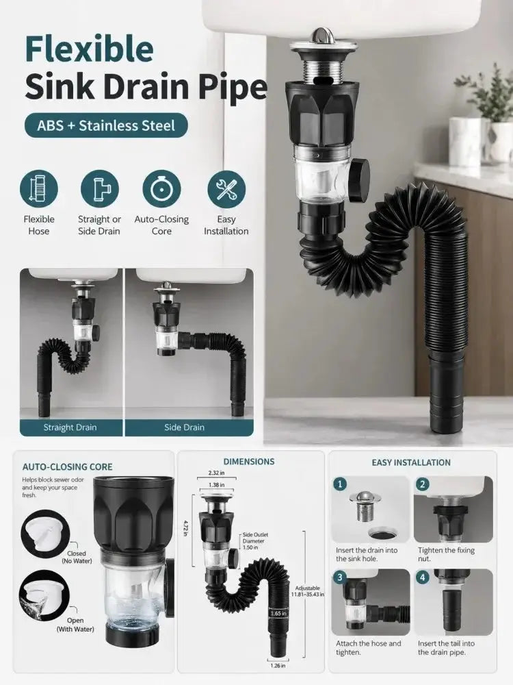 Simples Market flexible bathroom sink drain kit with ABS body and stainless steel top-side outlet