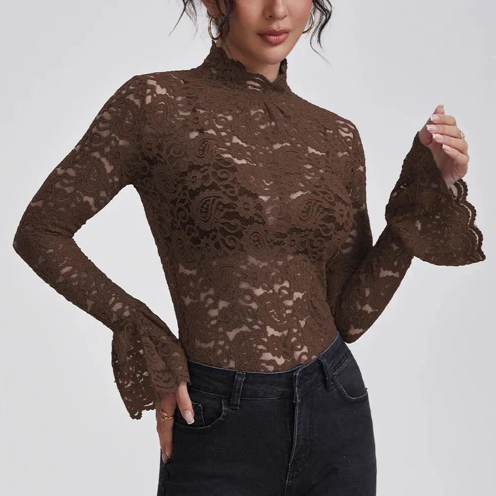 Anfilia brown lace blouse with turtle neck, long flared sleeves, crochet hollow-out pattern