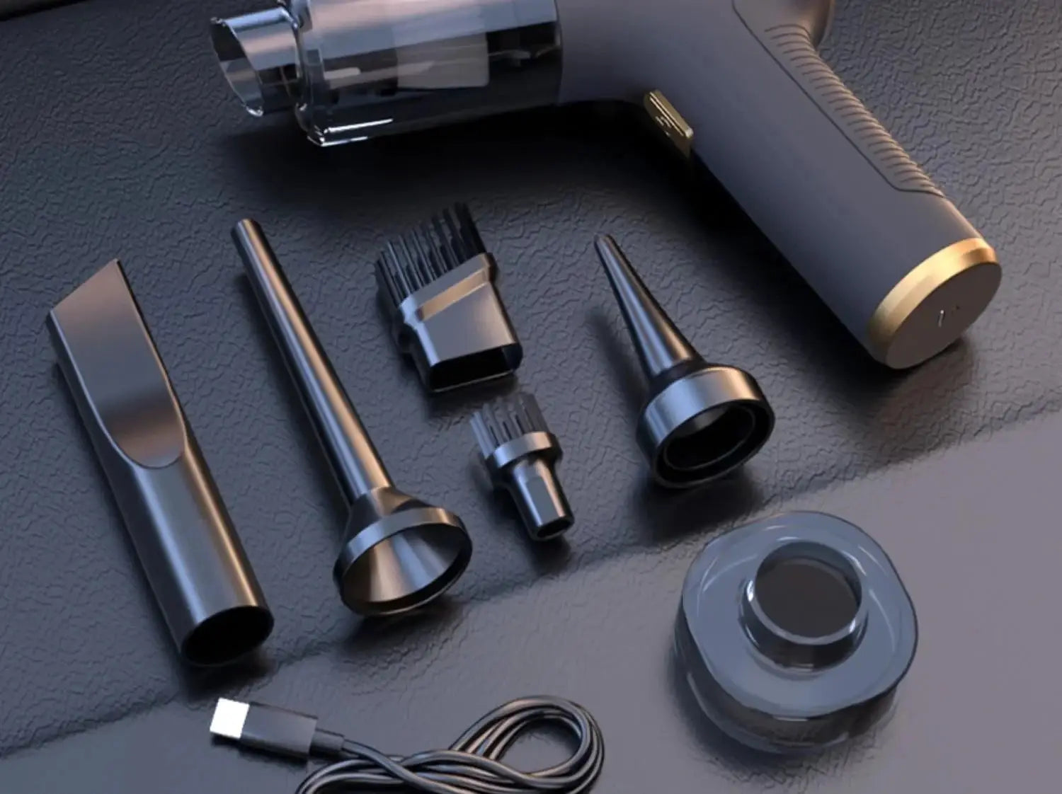 Car vacuum cleaner CENRR 98000PA cordless portable with USB charging cable and multiple attachments, Simples Market.