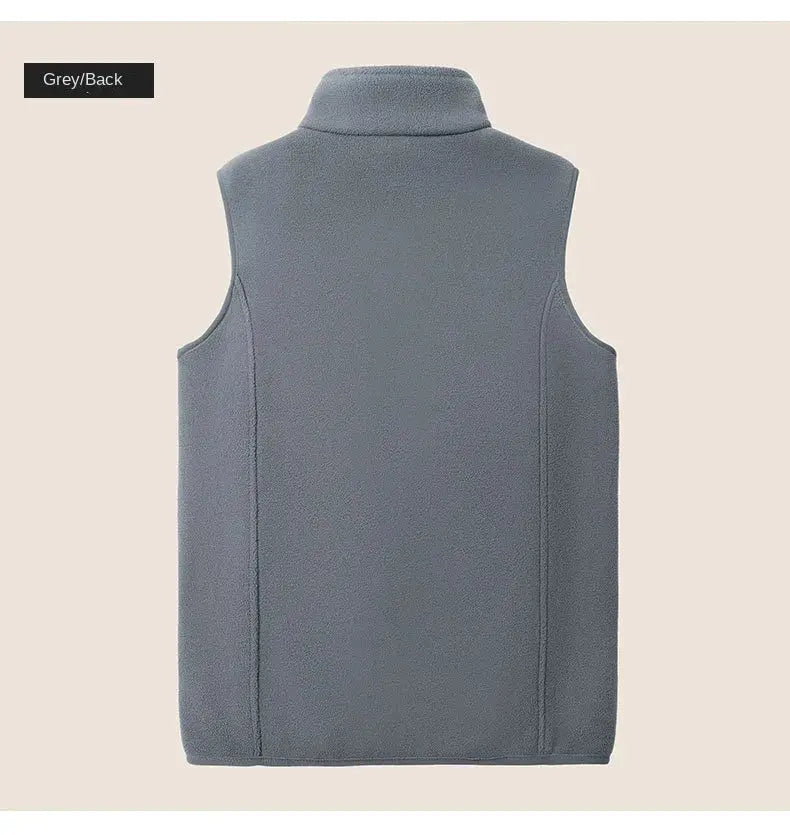 Grey fleece waistcoat back view with stand collar; men's sleeveless winter vest.