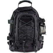 Simples Market large-capacity black tactical backpack, 40L/65L, with MOLLE webbing and multiple pockets including side mesh pockets