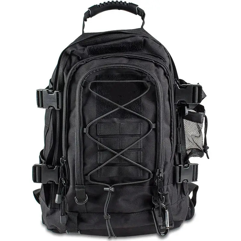 Simples Market large-capacity black tactical backpack, 40L/65L, with MOLLE webbing and multiple pockets including side mesh pockets
