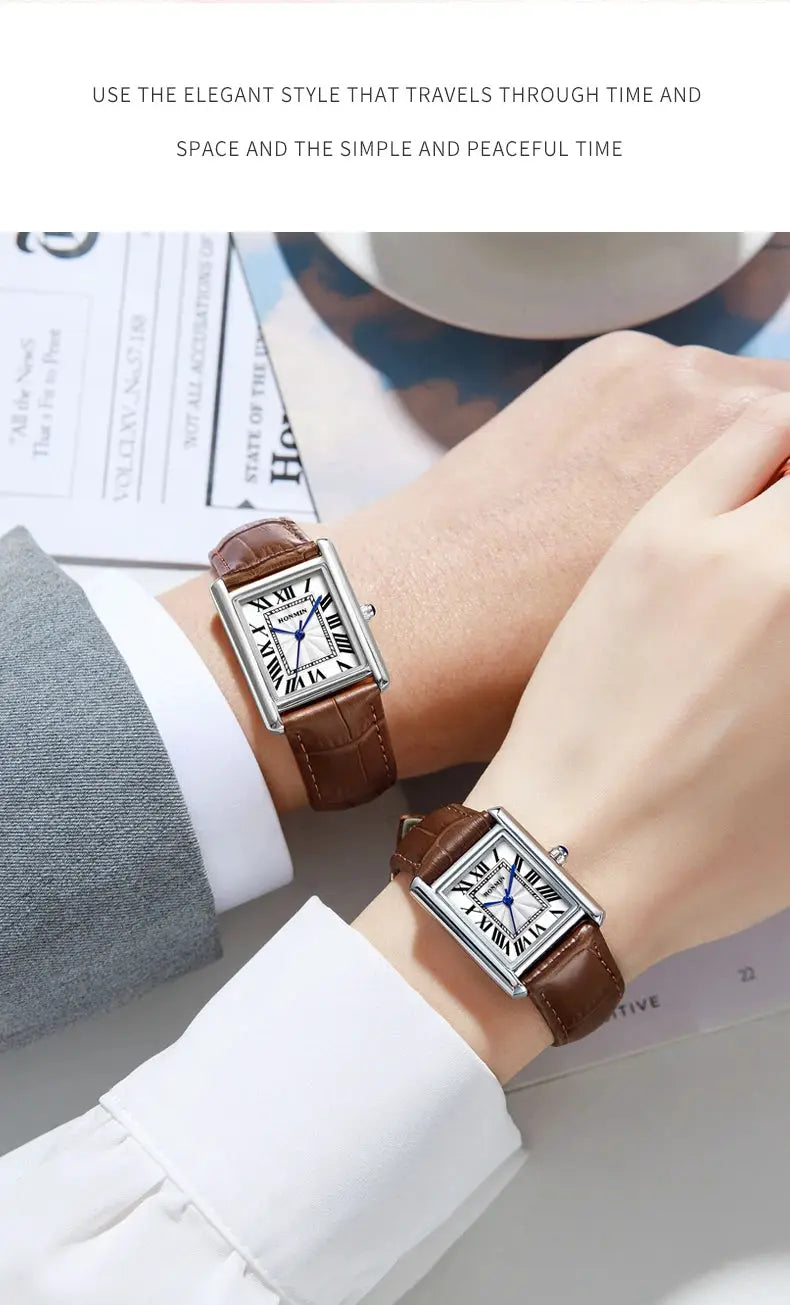 Pair of watches for couples: rectangular silver-tone cases with brown leather straps and Roman numeral dials.