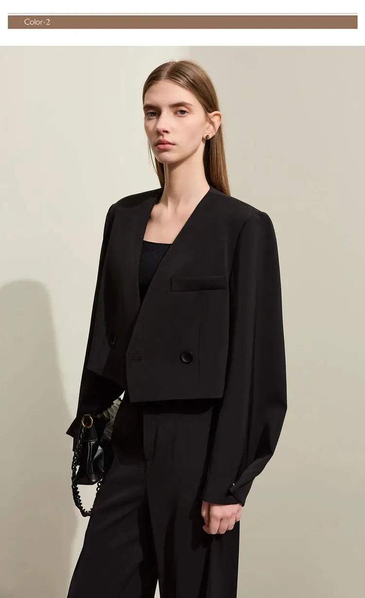 AMII Minimalism black cropped blazer with matching wide-leg pants, office-ready two-piece set