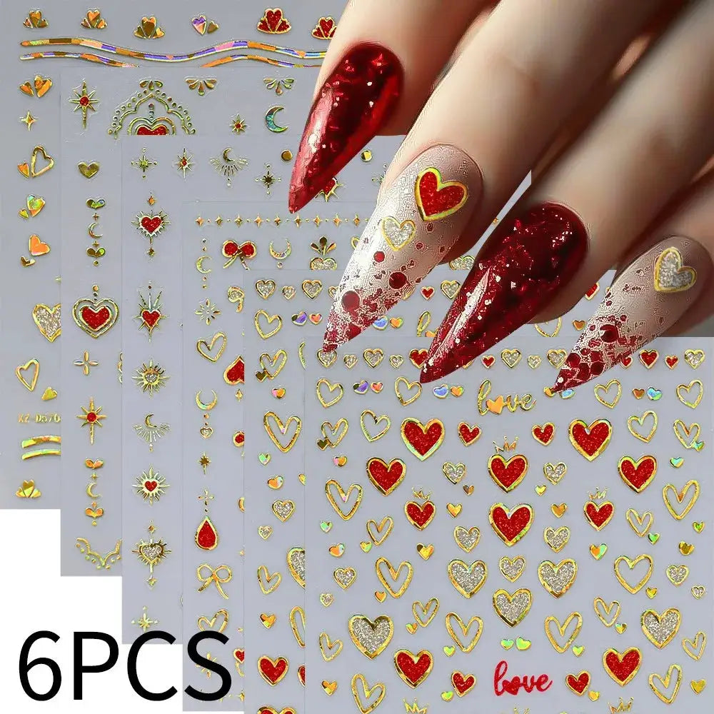 Nail sticker set: 8pc 3D heart decals for Valentines by Simples Market, red and gold self-adhesive manicure decorations