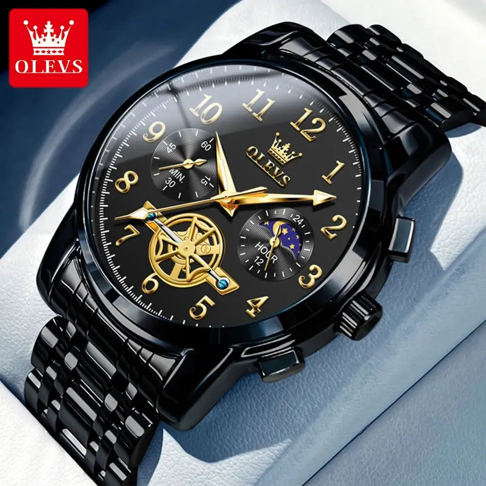 OLEVS Moon Phase watch for men, black stainless steel band with gold-tone hands, skeleton chronograph dial