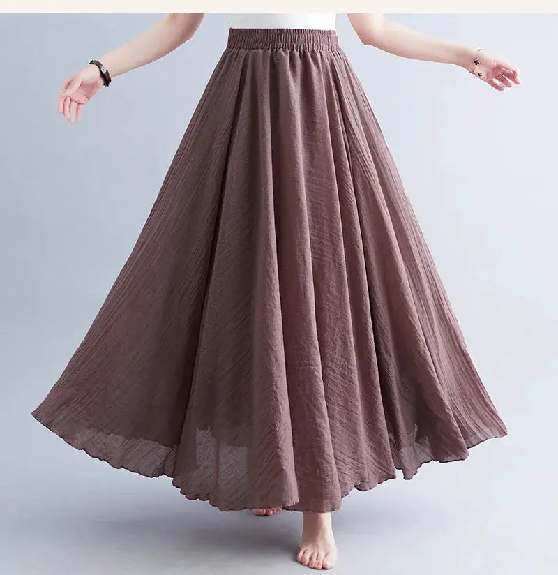 Cotton-linen Mori Girl skirt in solid brown with elastic waist, A-line flowy maxi for women