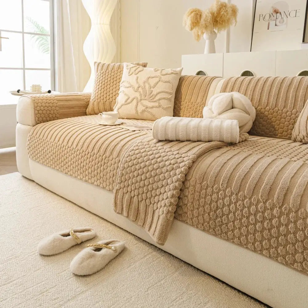 Thick warm geometric jacquard fleece sofa cover in beige with anti-slip backing for living room couch