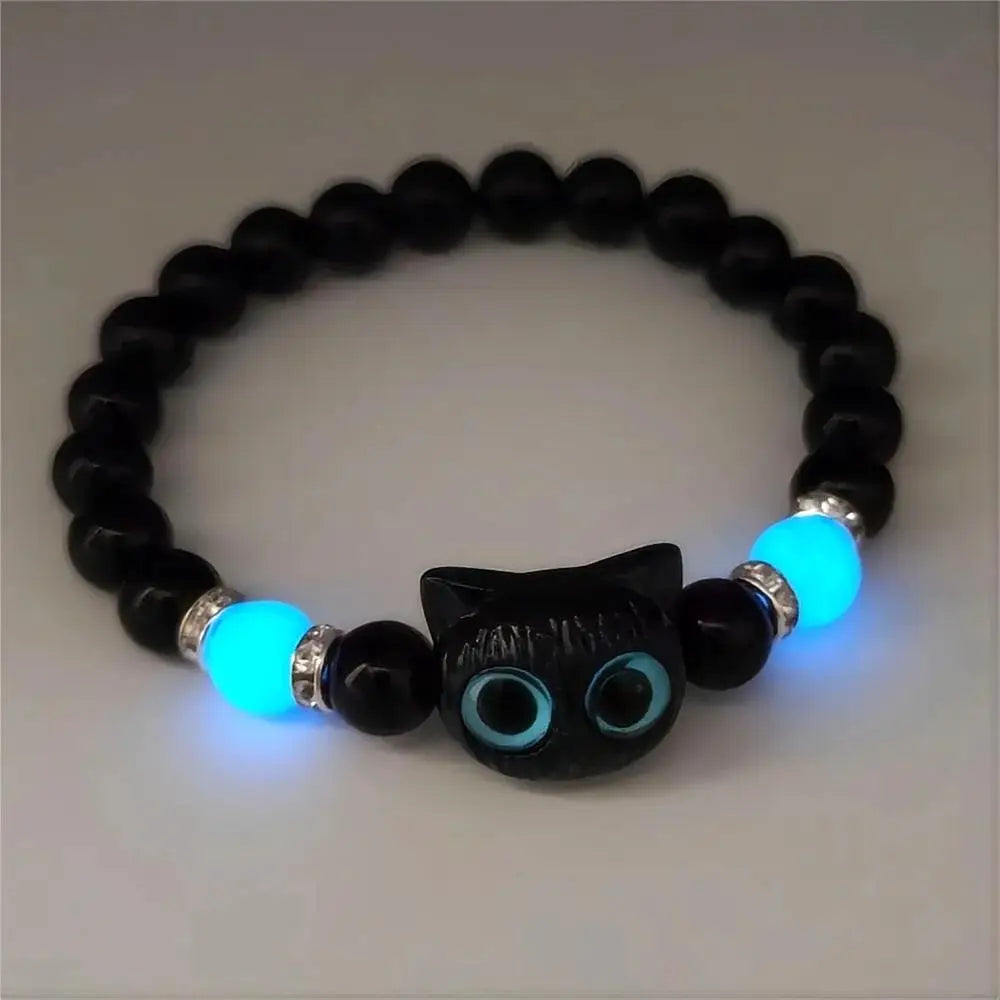 Luminous Cat Head Bead Strand Bracelet for Couples Black White Cat Design Matching Friendship Jewelry for Men and Women