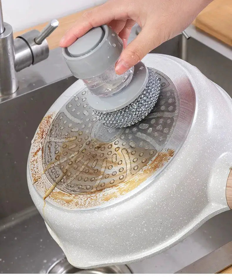 Simples Market soap-dispensing kitchen dishwashing brush with gray cap and clear bottle