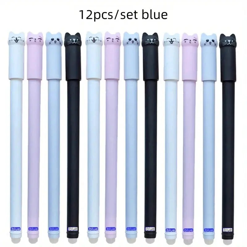 12-piece cat-themed erasable gel pen set with pastel color barrels and cat-headed caps; 0.5mm tips in assorted colors