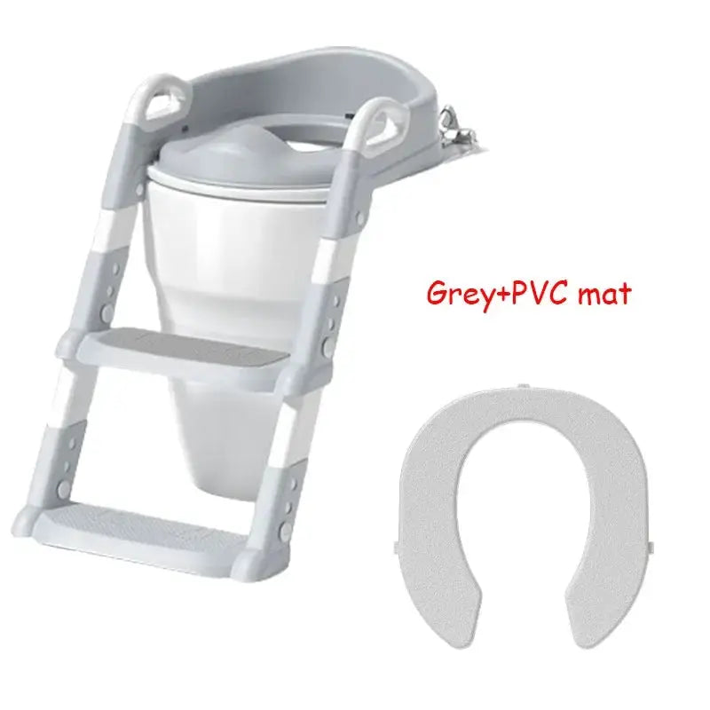 Children's toilet training stool with foldable steps and seat ring, grey and white, two-piece set.
