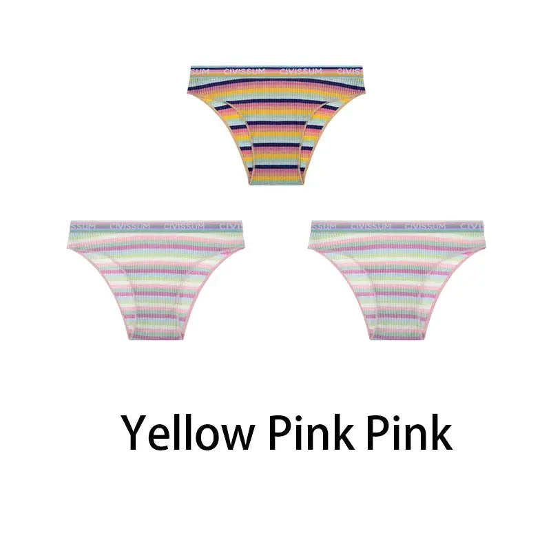 3-piece set of women's cotton low-waist panties in rainbow striped patterns by Simples Market NK606
