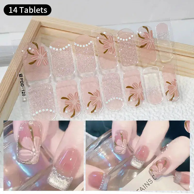 Full-cover pink glitter floral nail stickers by Simples Market, 14-piece self-adhesive sheet