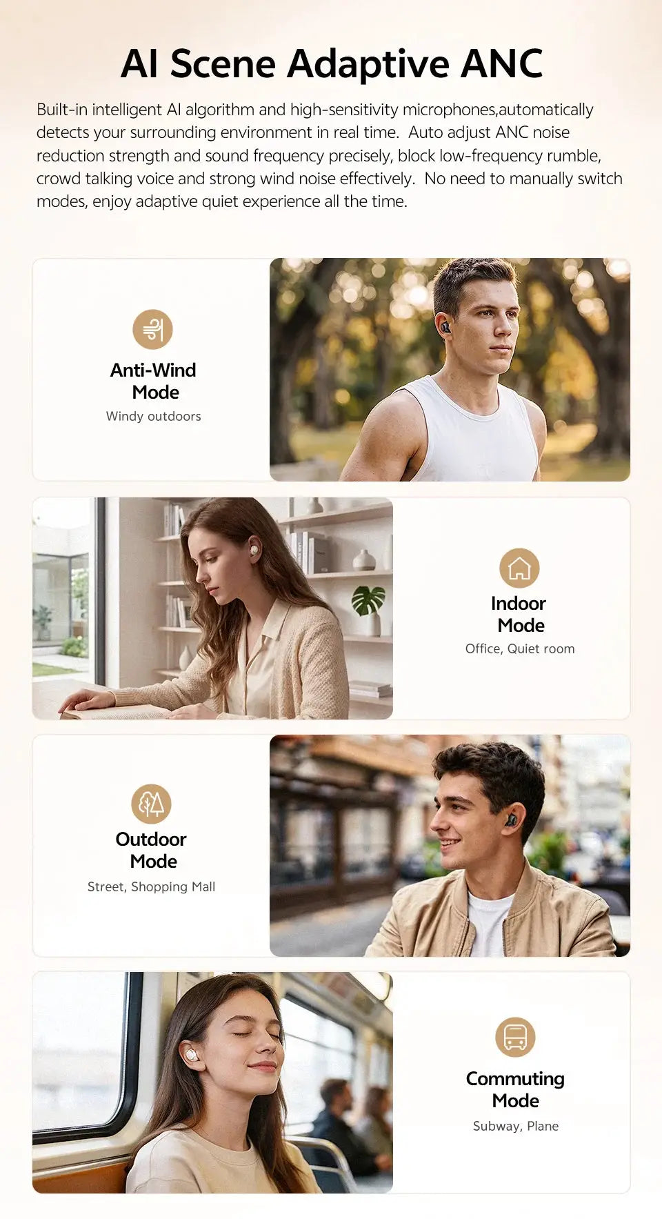 QCY MeloBuds A30 wireless earbuds with AI Scene Adaptive ANC, shown in Anti-Wind, Indoor, Outdoor, Commuting modes.