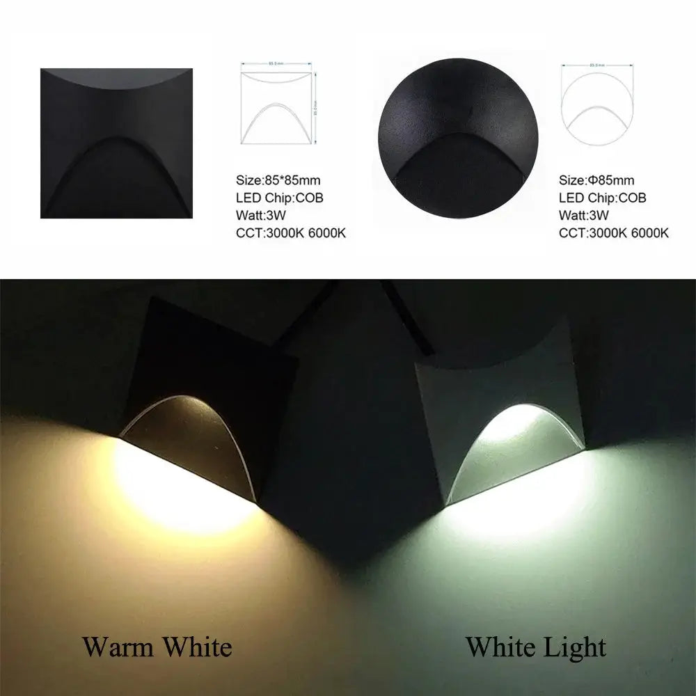Outdoor recessed wall lamp pair in black, IP65 waterproof 3W LED; warm white and white light variants shown.
