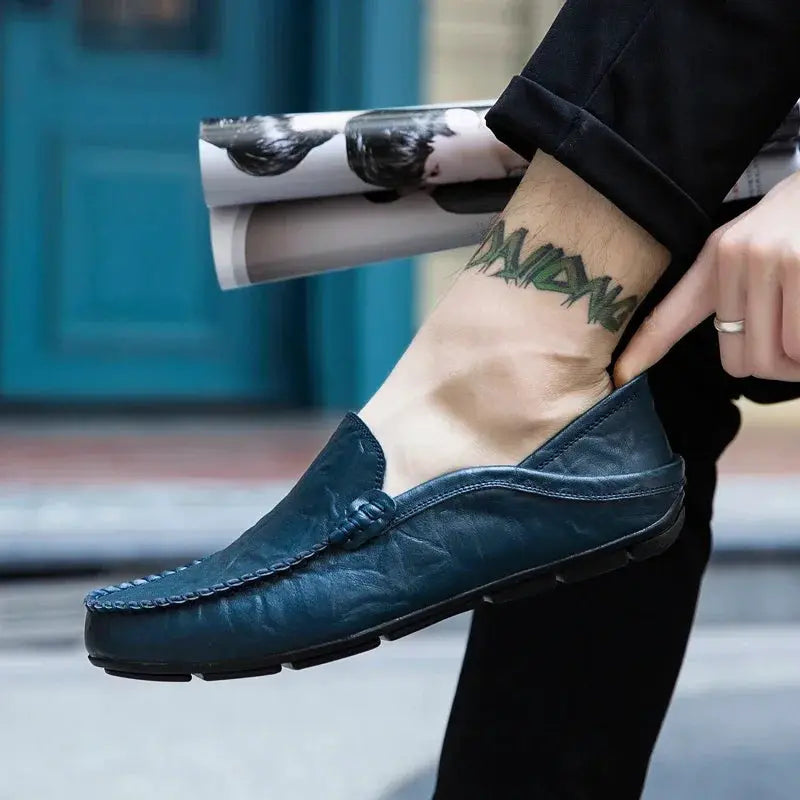 Simples Market men's navy blue genuine leather loafers, slip-on moccasin-style shoes