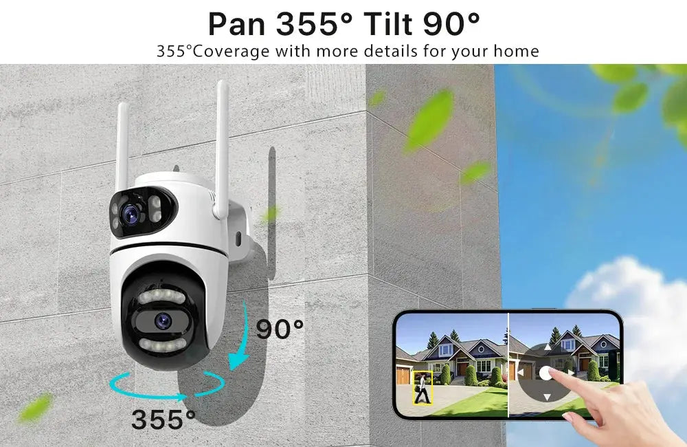 White outdoor WiFi PTZ security camera with dual lens, 355° pan, 90° tilt, and dual antennas.