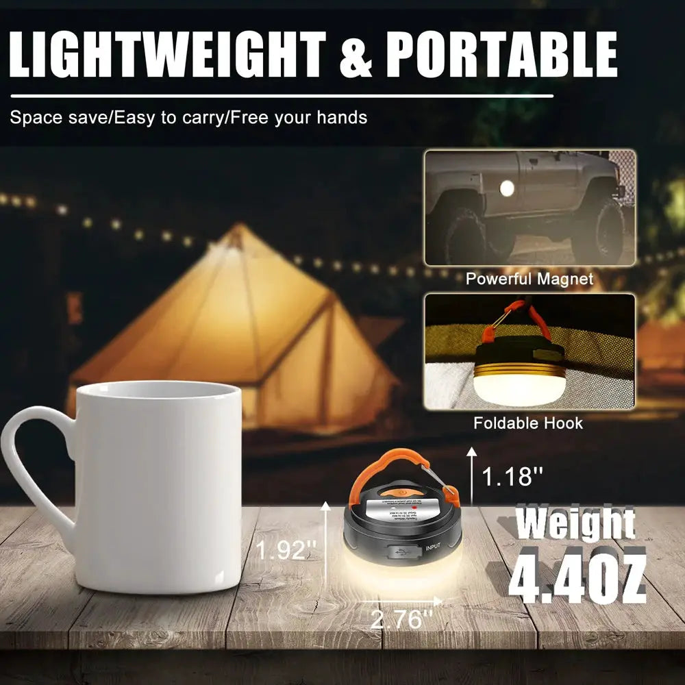 Simples Market 10W USB rechargeable camping lantern with orange handle and foldable hook, portable light