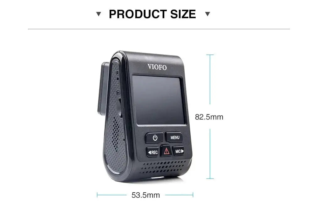 VIOFO dash cam A119 V3, compact black car DVR with 82.5mm tall and 53.5mm wide