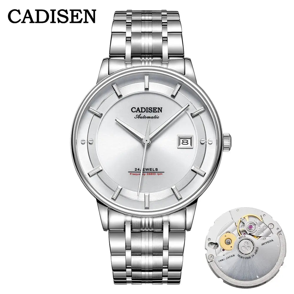 CADISEN stainless steel automatic wristwatch with silver dial and date window, Miyota movement
