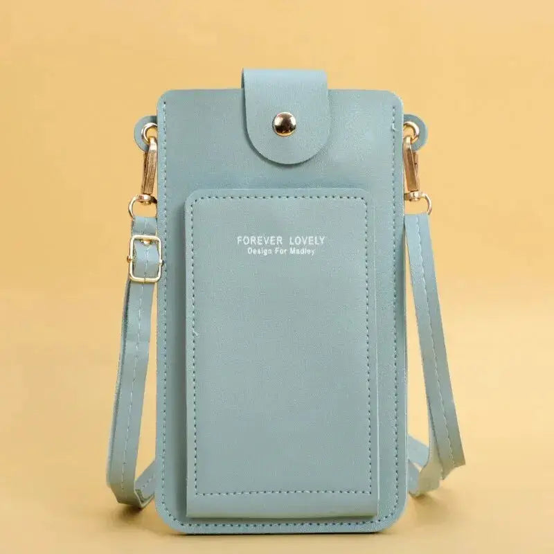 Blue soft leather crossbody wallet bag with phone pocket and adjustable strap, Forever Lovely label