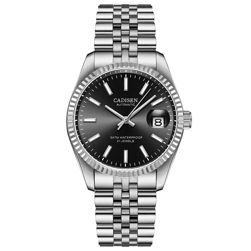 CADISEN men’s stainless steel automatic watch with black dial, date window, fluted bezel, metal bracelet