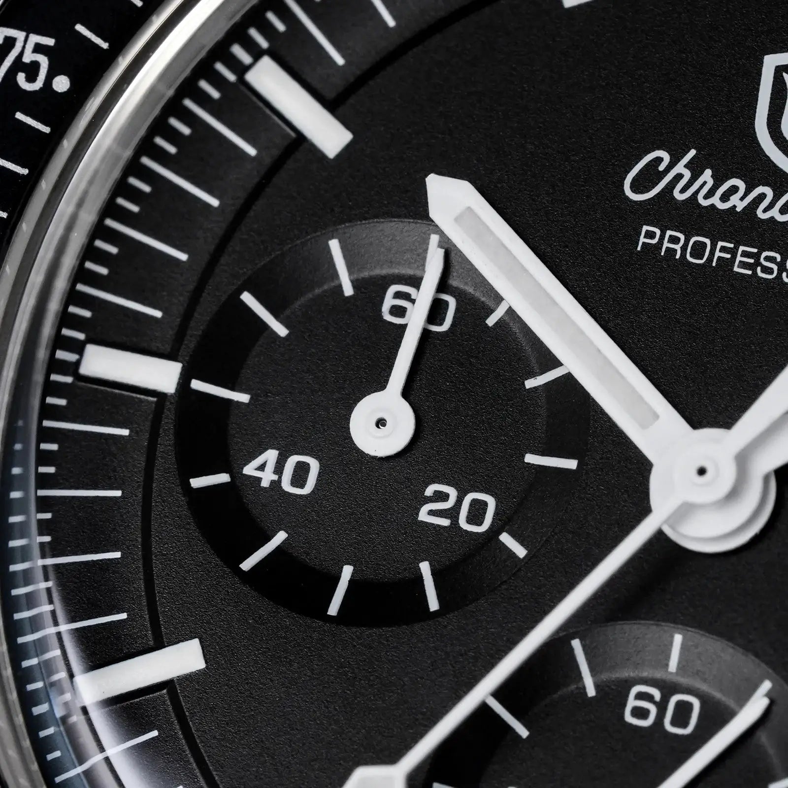 Men's chronograph watch with black dial, white markers and hands, stainless steel case