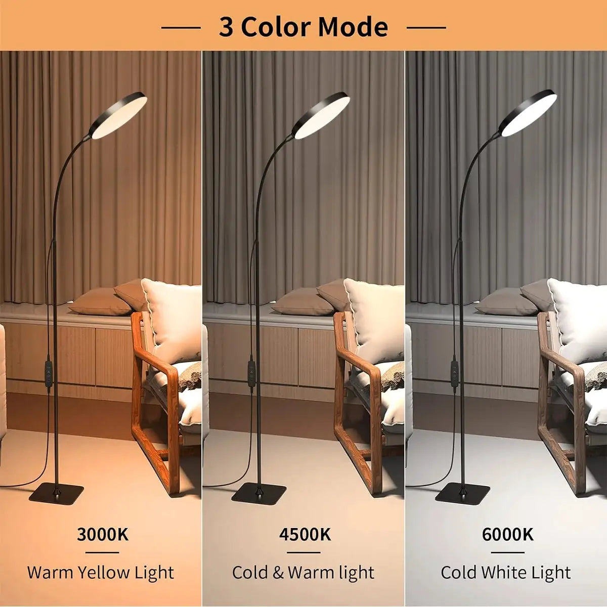 Simples Market LED floor lamp with flexible gooseneck; dimmable, 3 color temps (3000K/4500K/6000K) for indoor use.