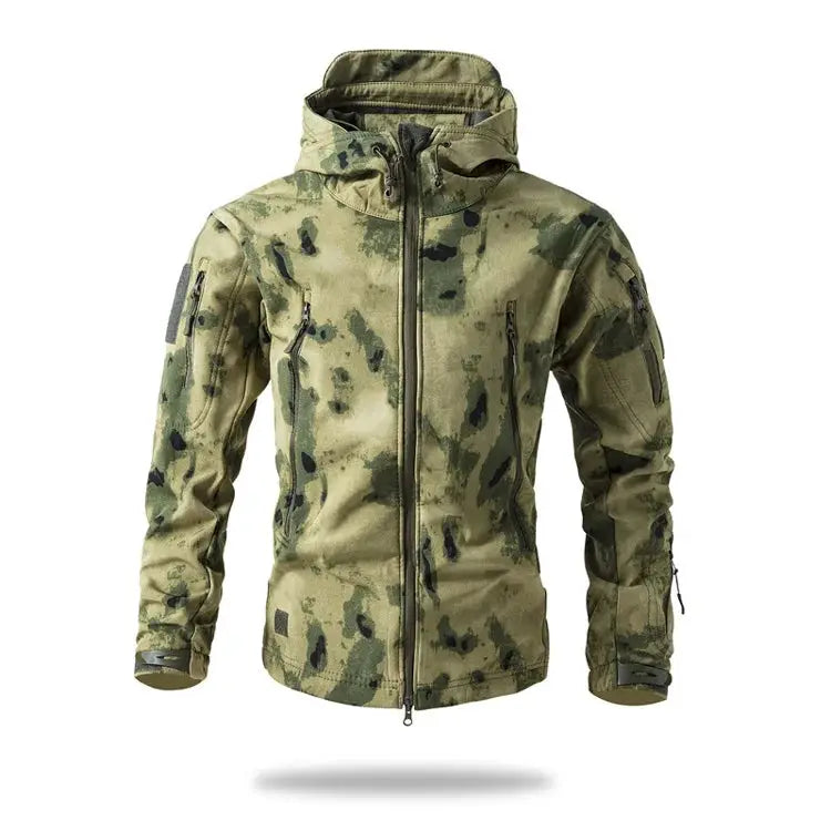 Men's camouflage shark skin soft shell tactical jacket, waterproof and hooded