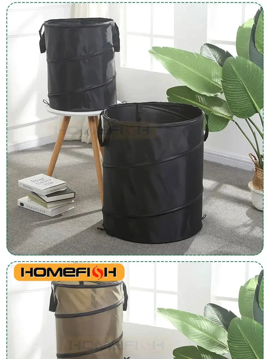 Simples Market two portable pop-up trash cans in black and beige for outdoor camping and garden use