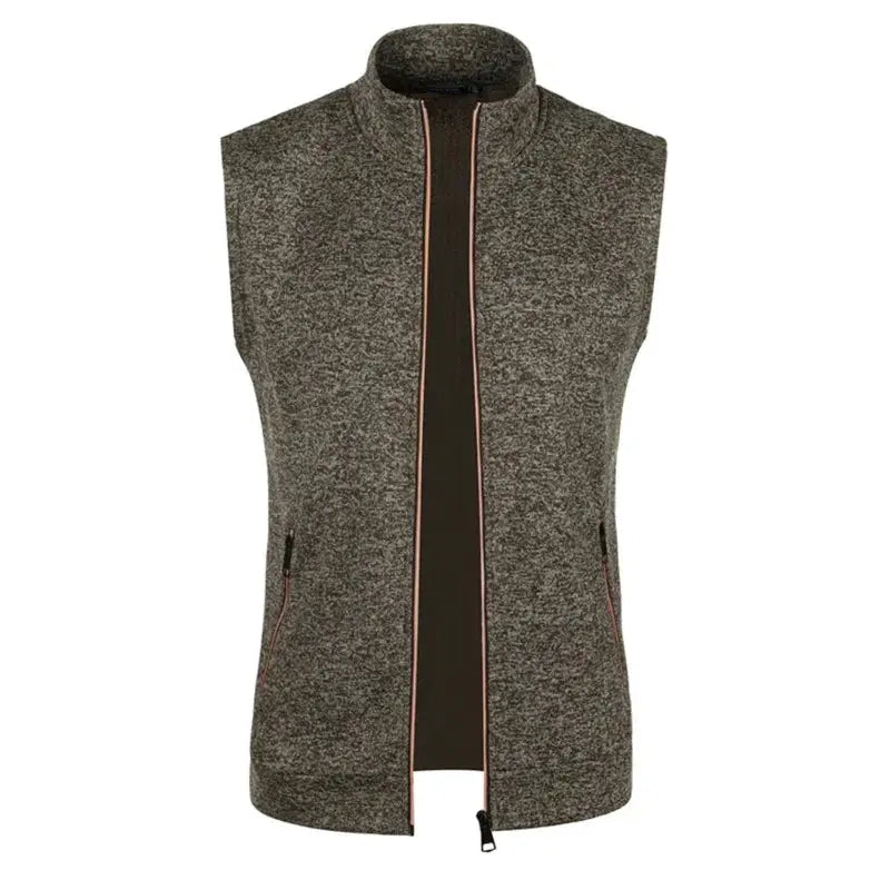 Men's sleeveless zip-up vest in heather gray knit with stand collar and zipper piping