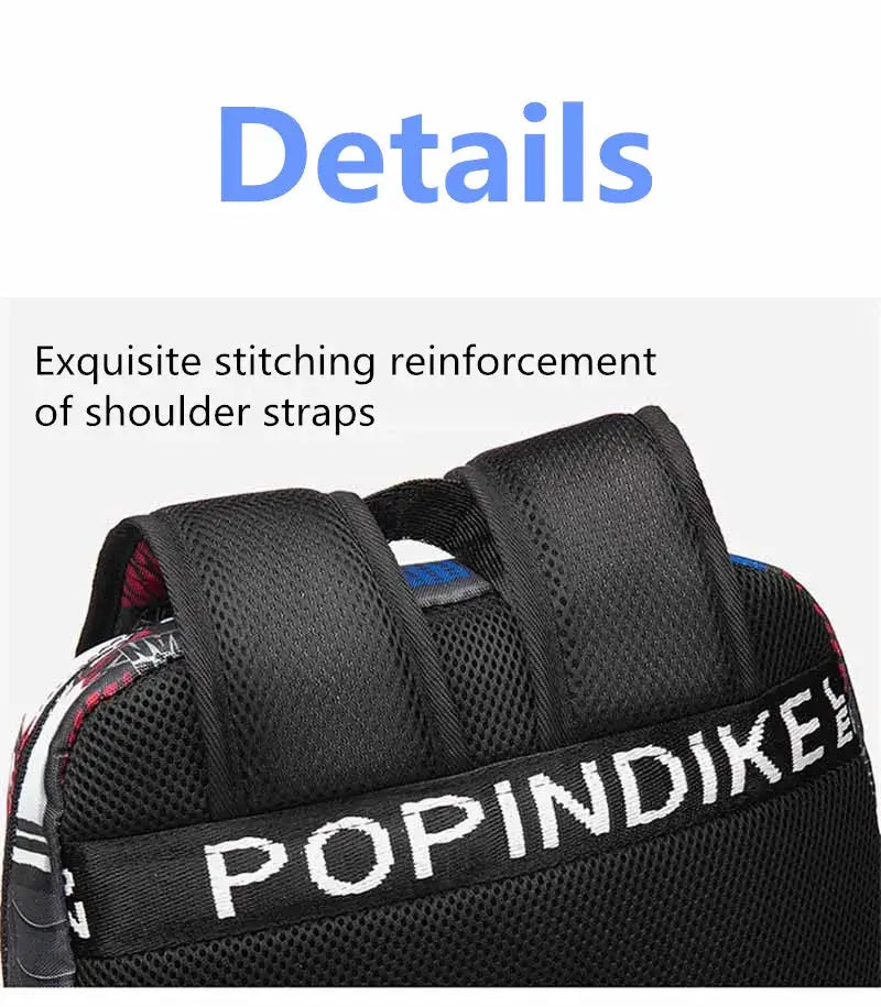 Backpack strap close-up; black padded mesh shoulder straps on a Simples Market elementary bookbag