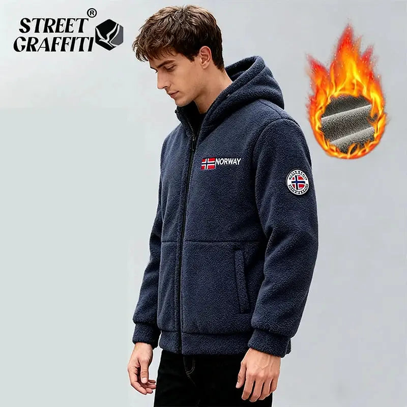 Men's navy fleece hooded jacket with Norway flag embroidery on chest and a round patch; Street Graffiti logo visible.