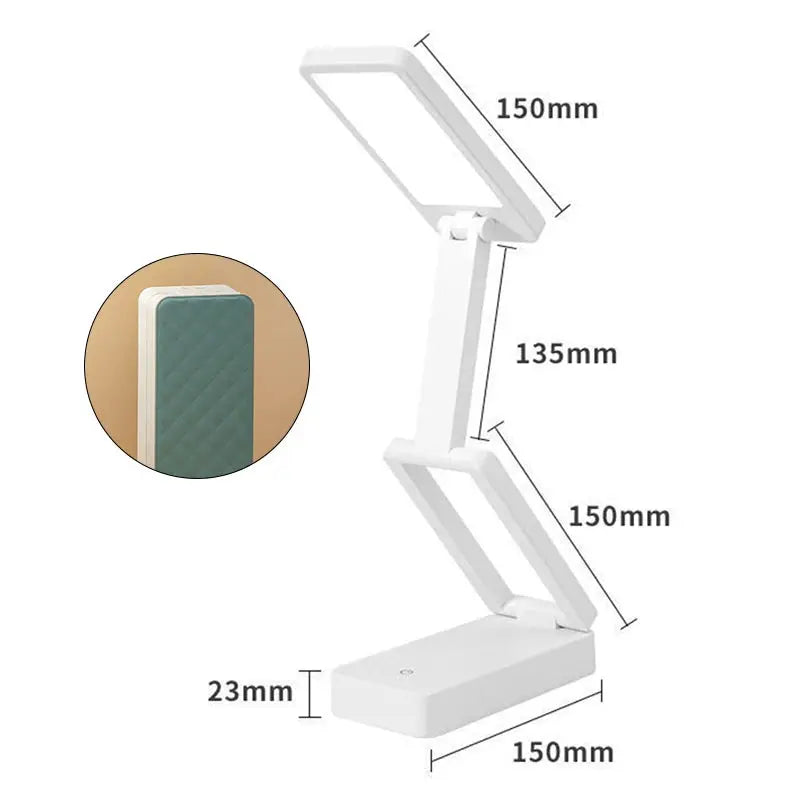 Folding LED desk lamp with rechargeable battery, white, eye-protective panel, adjustable three-section arm.
