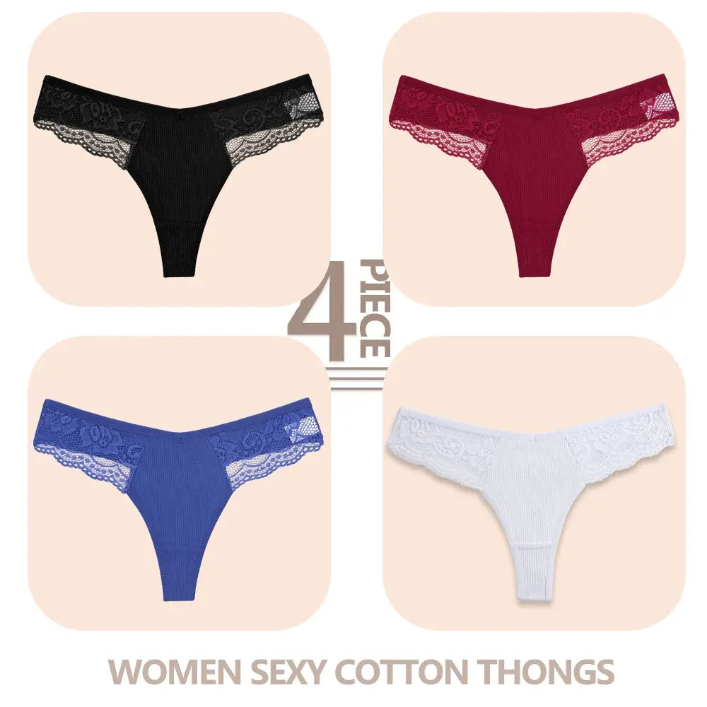 4-pack women cotton lace thong panties by Simples Market in black, red, blue, and white