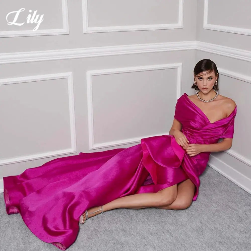 Lily Red Satin Prom Gown Off Shoulder Party Dress Pleated Side Split